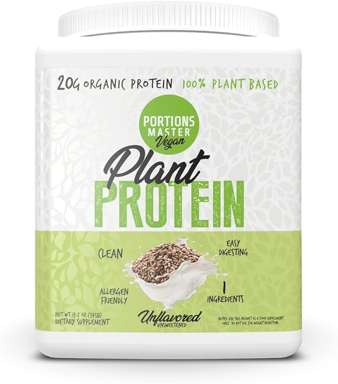 Portions Master Plant Protein Organic Plant Based Protein Powder with Fermented Brown Rice Complete Amino Acid Profile Vegan Non GMO Gluten Free (375g Unflavored)