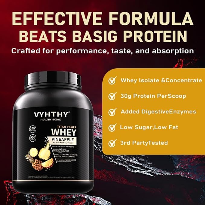 Pineapple Flavored Whey Protein Powder24g Protein per Serving Fast-Absorbing Concentrated whey Protein Low Sugar Gluten-Free Natural Flavor 3.5lbs(56oz)
