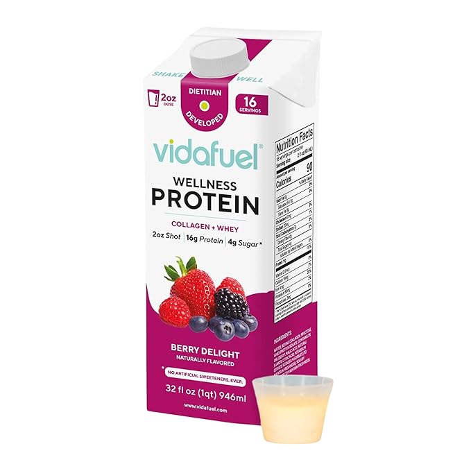 Vidafuel Protein Drink 16g Protein Per 2oz Shot 32 fl oz Carton Berry Collagen and Whey Drink No Artificial Sweeteners