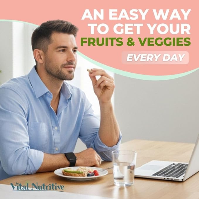 Vital Super Fruits &amp Veggies - Daily Superfood Capsules for Adults - Fruit &amp Vegetable Supplements to Boost Immunity &amp Energy - 2-in-1 Formula for Overall Wellness