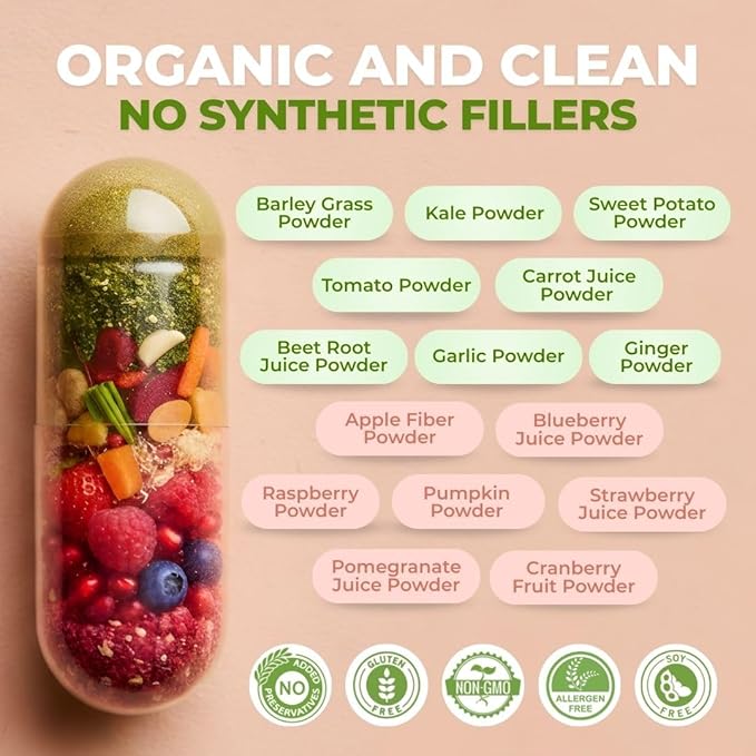 Vital Super Fruits &amp Veggies - Daily Superfood Capsules for Adults - Fruit &amp Vegetable Supplements to Boost Immunity &amp Energy - 2-in-1 Formula for Overall Wellness