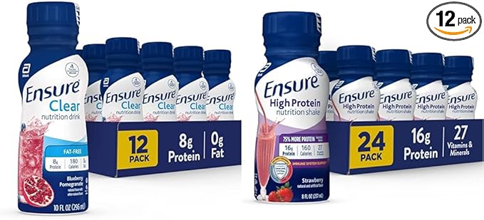Ensure Liquid Clear Nutrition Drink 0g fat 8g of protein Blueberry Pomegranate 10 Fl Oz (Pack of 12) Bottle gluten free &amp Ensure High Protein Strawberry Nutrition Shake 24 Pack