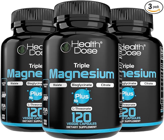 Health Dose Triple Magnesium Complex 1000 mg | L-Threonate Bisglycinate Citrate &amp Malate Blend | Support for Muscle Relaxation Sleep &amp Cognitive Function | 120 Capsules | All-in-One Formula