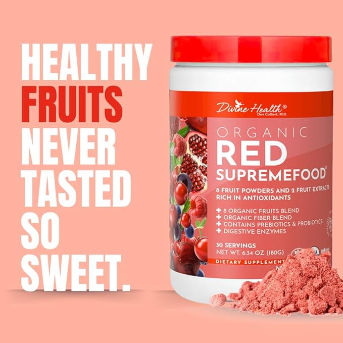 Dr. Colbert MD Organic Red Supremefood | Berry Flavored Blend | by Divine Health | 10 Organic Fruits | Probiotics | Enzymes | Herbs | Fiber | Antioxidants | Non-GMO | 30 Day Supply | 180g