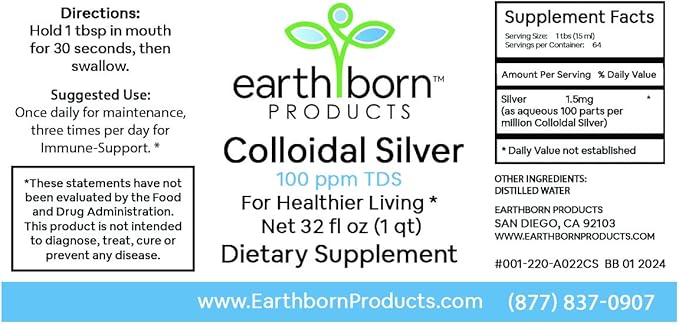 Earthborn Colloidal Silver Liquid (32oz) - 100PPM Pure Monatomic Silver Water - 99.9% Natural Nano Silver Liquid Supplement for Immune Support* Non-GMO Glass Bottle | Made in USA