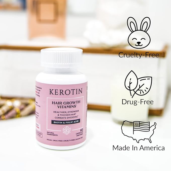 Kerotin Hair Growth Vitamins Biotin Supplement DHT Blocker Collagen Stimulator for Hair Loss Support Nail &amp Skin Care Includes Saw Palmetto Vitamin D3 &amp More - 60 Pills (1 Month Supply)