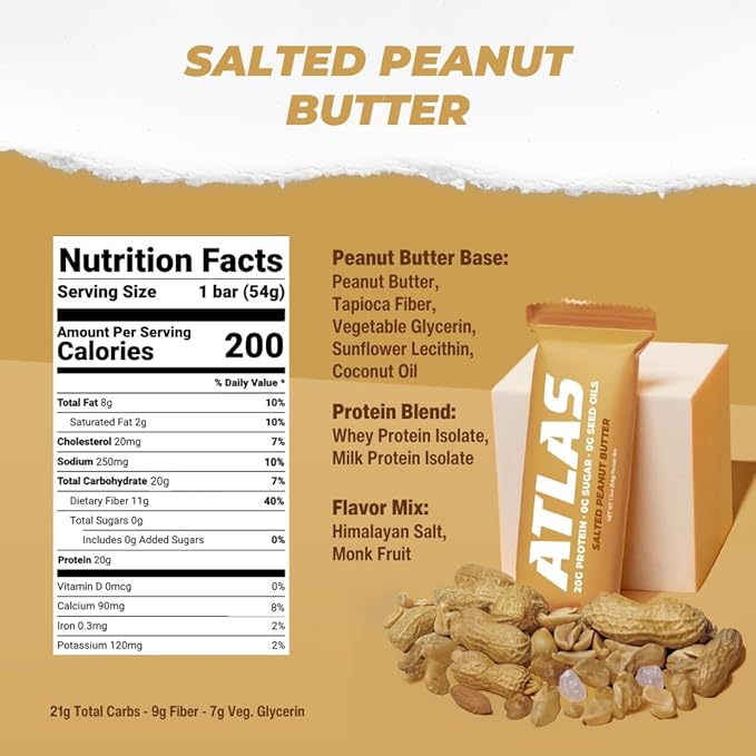 Atlas Real Food Protein Bar – 20g Clean Protein 0g Sugar No Seed Oils No Artificial Sweeteners (Salted Peanut Butter 12 Count)