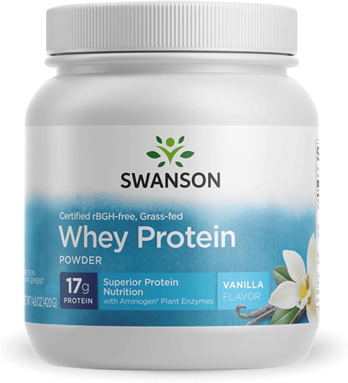Swanson Grass Fed Cold Pressed Certified rBGH Free Hormone Free Vanilla Whey Protein Powder with Aminogen Enzyme Sports Nutrition Muscle Workout Support 14.8 Ounces (420 g)