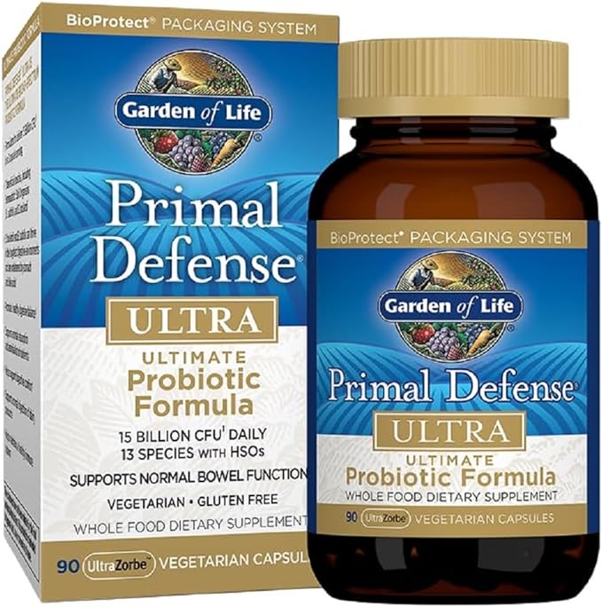 Garden of Life Probiotics for Digestive Health Balance Primal Defense Ultra Ultimate Formula 15 Billion CFU and 13 Strains Plus HSOs Vegetarian and Gluten Free 90 Capsules