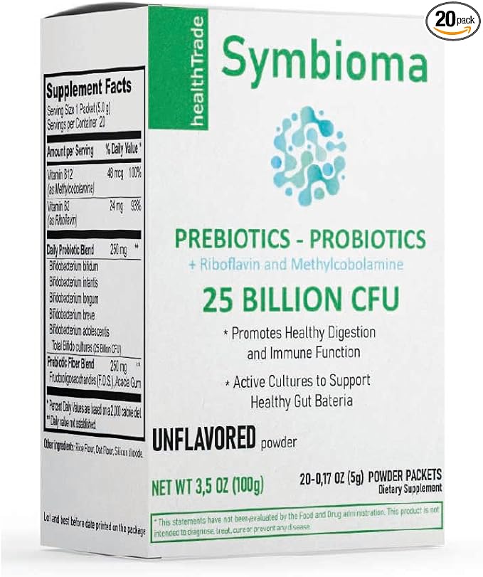 Prebiotic Probiotic Powder 25 Billion CFU Sugar-Free Unflavored 20 Packets with B12 and B2 Vitamins Digestive and Immune Support Supplement