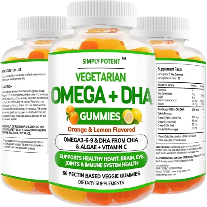 Simply Potent Omega 3 Fish Oil Gummies Plant Based Alternative to Cod Liver Oil Burpless Vegetarian DHA Chews for Adults and Kids Orange Lemon Flavor Supplement