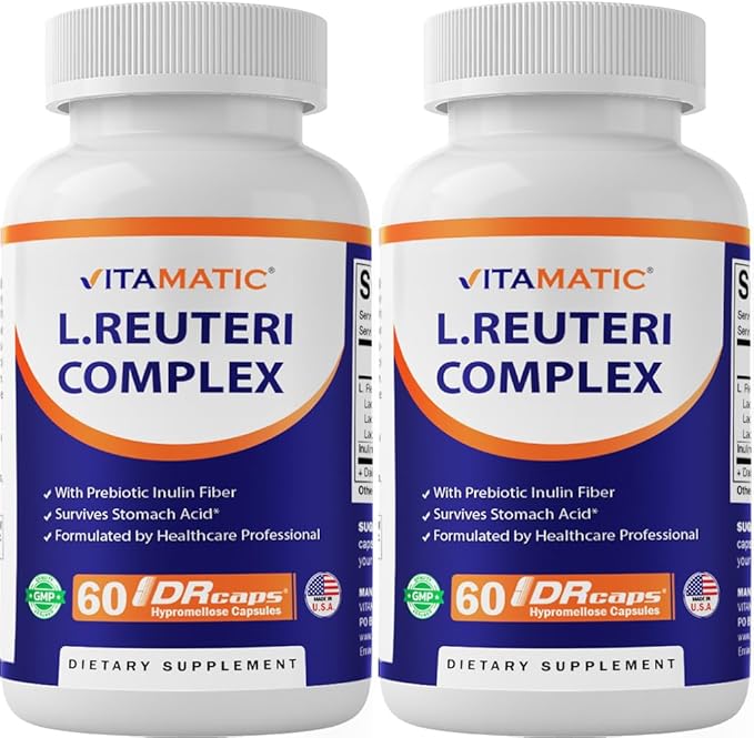 Vitamatic Lactobacillus Reuteri Complex – 22 Billion CFU per Delayed Release Capsule – 60 Capsules – Digestive &amp Gut Health Support – with Prebiotic Inulin Fiber - 2 Pack