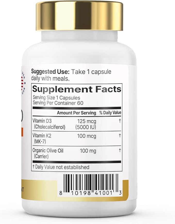 Vitamin Non-GMO Formula 125 mcg Vitamin D3 &amp 100 mcg K2 (MK-7) Supplement Easy to Swallow D &amp K Complex 60 Capsules