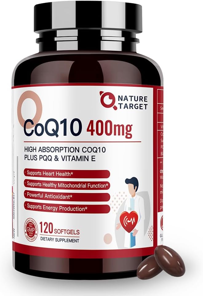 NATURE TARGET CoQ10-400mg Plus PQQ with Vitamin E &amp Organic Olive Oil - Coenzyme-Q10 with BioPerine - High Absorption Antioxidant-for-Heart-Health and Energy Production120 Servings