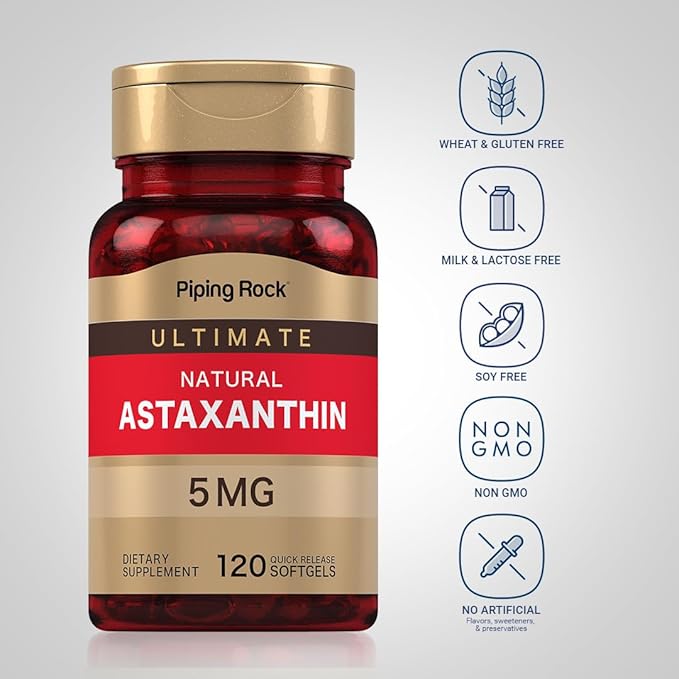 Piping Rock Astaxanthin Supplement 5mg | 120 Softgel Capsules | from Haematococcus Pluvialis Algae Extract | Non-GMO Gluten Free