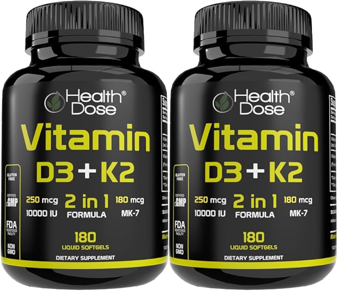 Health Dose Vitamin D3 10000 IU + K2 (MK7) Supplement 2-in-1 Formula Immune Support a Healthy Mood Heart Joint Teeth Bone Health Calcium Absorption 180 softgels. (2)