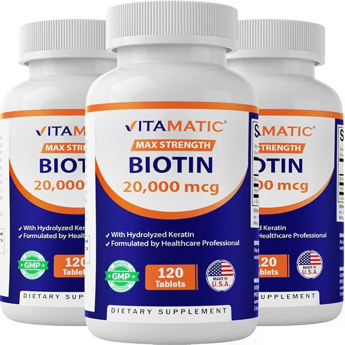 Vitamatic High Potency Biotin 20000 mcg (20mg) with Keratin 100mg - 120 Vegetarian Tablets - Biotin Supplements for Healthy Hair Skin &amp Nails for Adults (120 Count (Pack of 3))