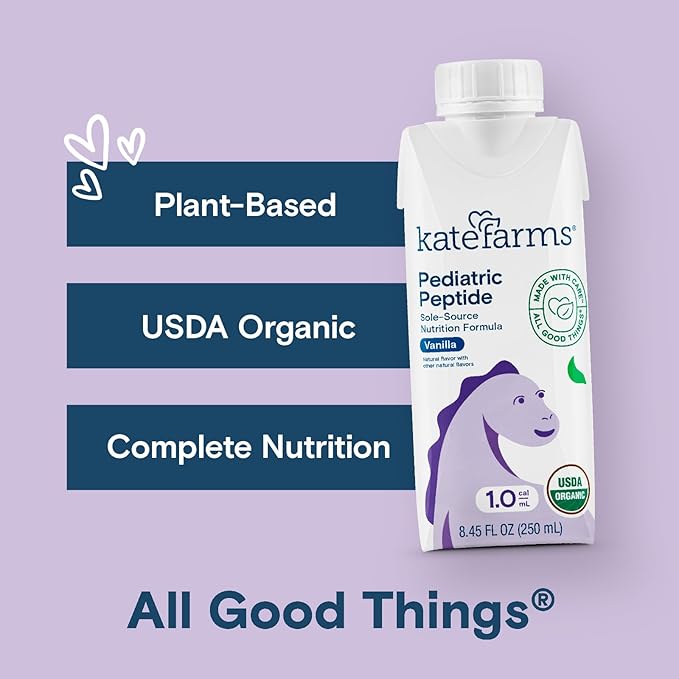 KATE FARMS Organic Pediatric Peptide 1.0 Formula Vanilla Sole-Source Hydrolyzed Plant-Based Nutrition for Oral or Tube Feeding 8.45 oz (12 pack)