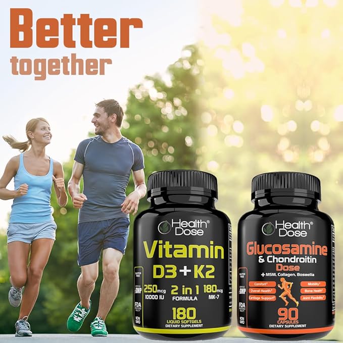 Health Dose Vitamin D3 10000 IU + K2 (MK7) Supplement 2-in-1 Formula Immune Support a Healthy Mood Heart Joint Teeth Bone Health Calcium Absorption 180 softgels. (2)