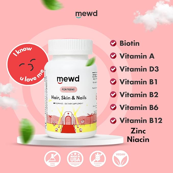 MEWD Teen and Kids Hair Skin+Nails Daily Multivitamin Gummy Strengthener Formula - Chewable Vitamin Supplements with BiotinZincVitamins A B &amp D3 for Girls &amp Boys 60 Made in USA