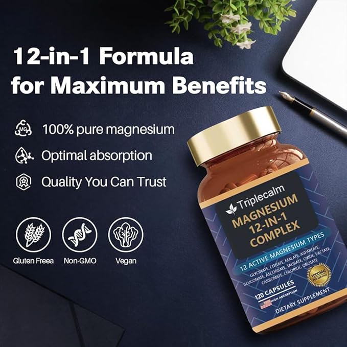 Magnesium Complex 12 in 1 Supplement - 12 Elemental 1000mg - Magnesium Glycinate Citrate Malate Taurate - High Absorptionfor Muscle Nerve &amp Sleep Support - 120 Capsules