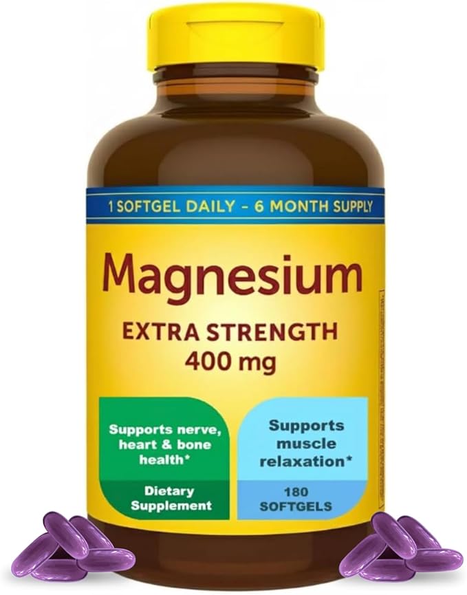 Extra Strength Magnesium 400mg Softgels | Muscle Bone &amp Nerve Support | 180 Softgels – 6 Month Supply | High Potency Daily Magnesium Supplement | Gluten Free Formula