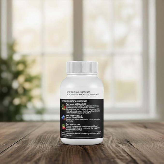 DHT Blocker Ayurvedic Hair Nutrients Vitamins - Plant Based Gluten Free | Biotin Omega-3 &amp Flaxseeds | Controls Hair Fall &amp Stimulates Follicles | 100% Veg | 60 Capsules
