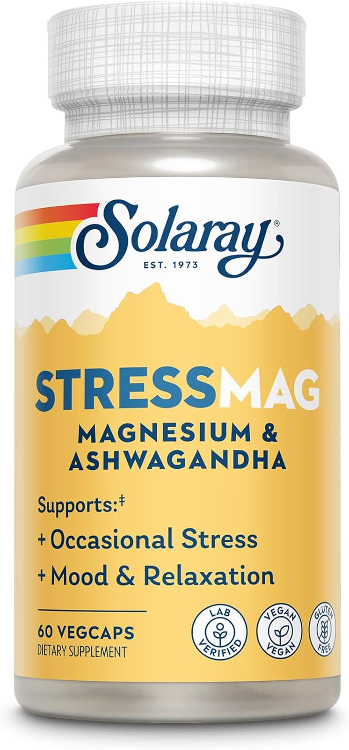 Solaray StressMag – Magnesium Glycinate Plus Ashwagandha for Women and Men - Relaxation Mood &amp Occasional Stress Support – Magnesium Supplement with Bisglycinate – 30 Servings 60 VegCaps