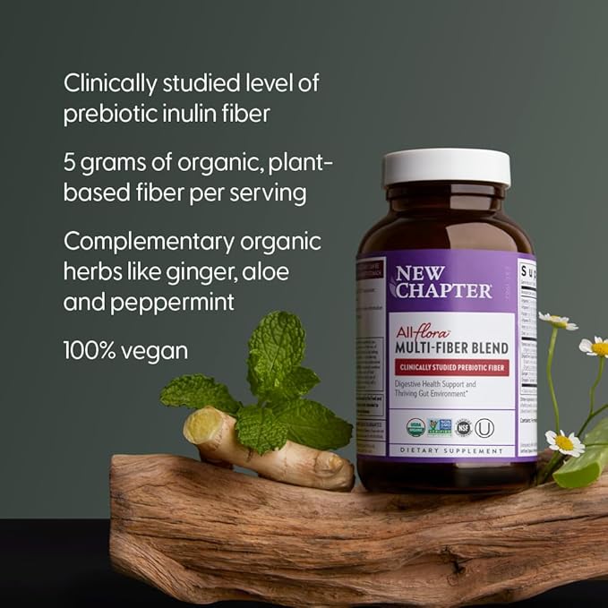 New Chapter All-Flora Multi-Fiber Supplement with Clinically Studied Prebiotic Inulin + Psyllium Husk for Digestion &amp Gut Health Good Source of Daily Fiber USDA Organic 100% Vegan 120 Count