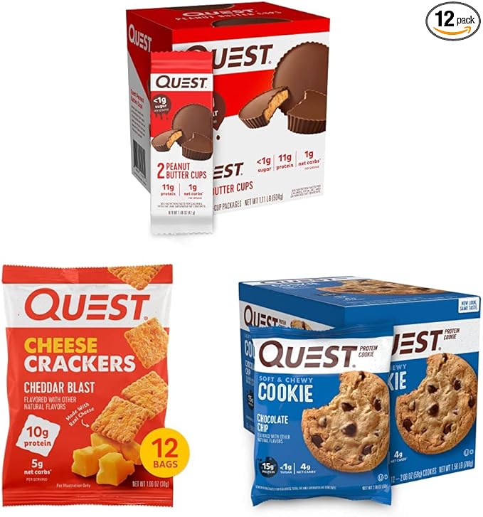 Quest Nutrition Protein Treats Bundle - Peanut Butter Cups Cheese Crackers and Chocolate Chip Cookies (12 Count Each)