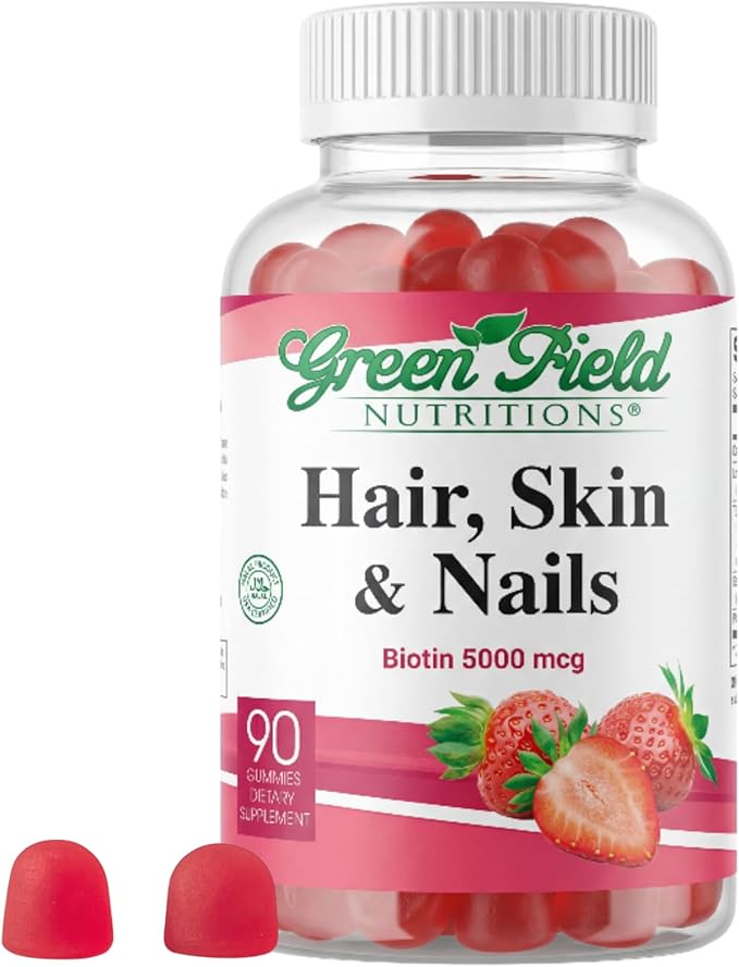 Greenfield Nutritions - Halal Biotin Gummies Vitamin for Hair Skin and Nails Supports Fat Metabolism Hair Growth Strong Nails &amp Clear Skin Gelatin Free Non-GMO and Gluten Free - 90 Gummies