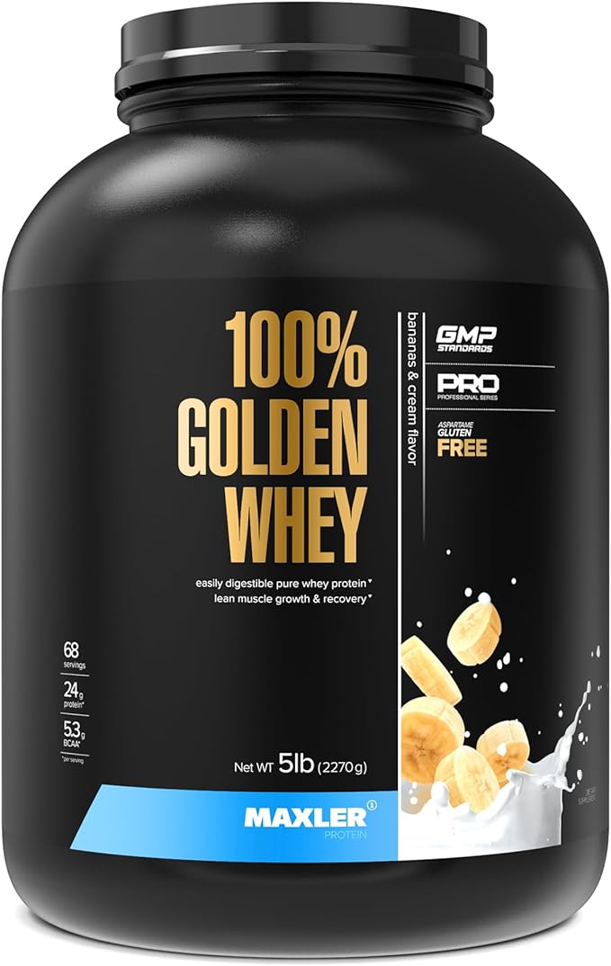 Maxler 100% Golden Whey Protein - 24g of Protein per Serving - Whey Protein Powder for Pre Post Workout - Fast-Absorbing Whey Concentrate Isolate &amp Hydrolysate Blend - Bananas &amp Cream 5 lb