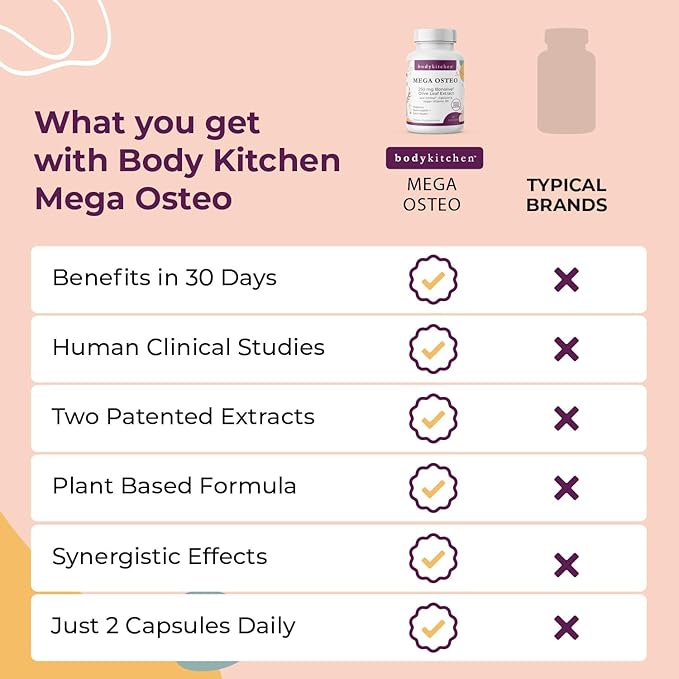 Body Kitchen Mega Osteo Vegan Bone &amp Joint Support Supplement with Bonolive K2VITAL MK-7 Vegan Vitamin D3 &amp Albion Calcium 60 Vegetable Capsules