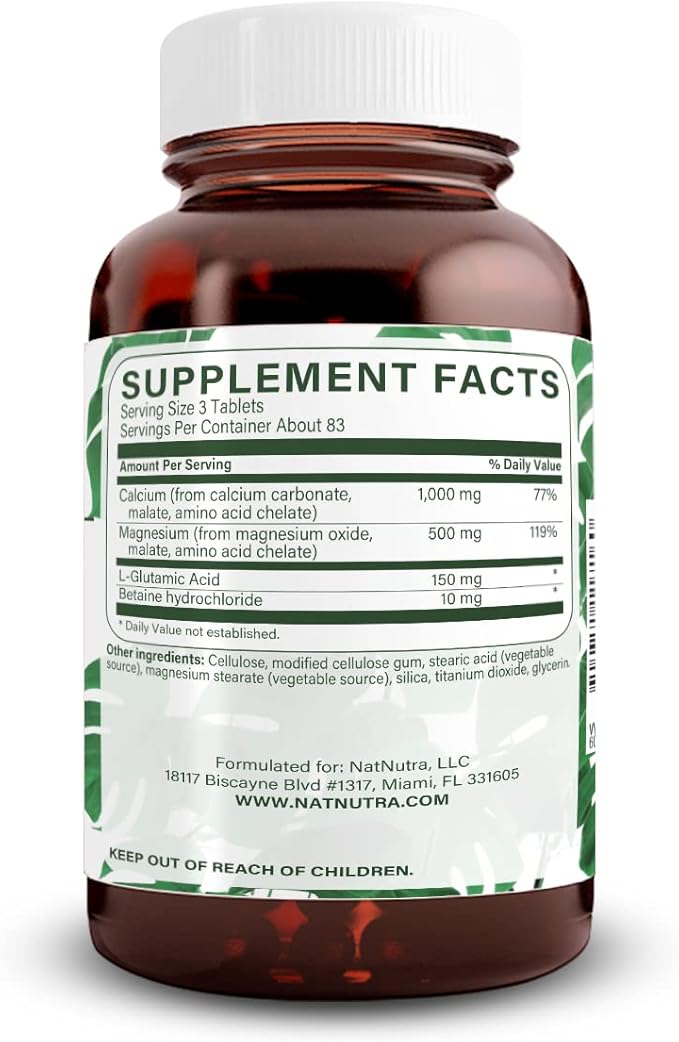 Natural Nutra Chelated Calcium Magnesium 1000/500 mg Supplements Plus Betaine HCL - Chelated Cal Mag Improves Bone Density Supports Muscle Teeth Cardiovascular &amp Nerve Health 250 Vegan Tablets