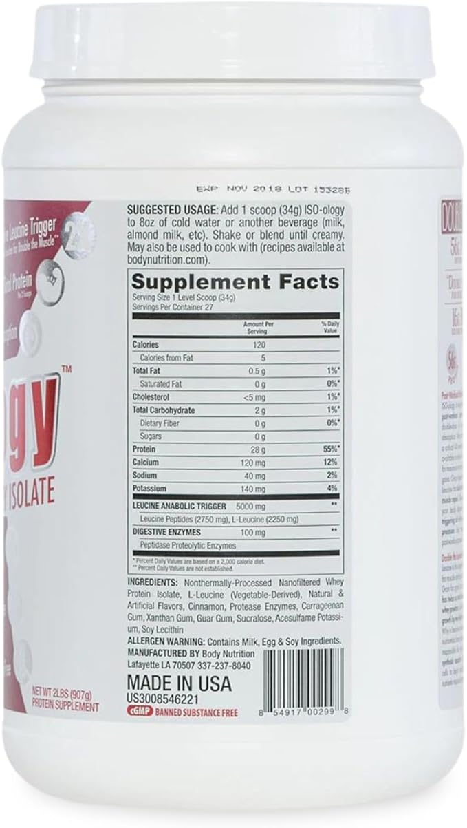Body Nutrition ISO-Ology Leucine-Enhanced Whey Isolate Protein Powder Post-Workout Recovery Supplement Isolated Grass Fed Whey Cinnabun Flavor 2lb