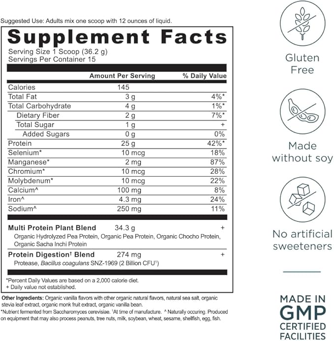 Ancient Nutrition Organic Multi Protein Plant Based Powder 25g Protein Hydrolyzed Pea Protein Digestive Enzymes &amp Probiotics Supports Muscle &amp Gut Health Vanilla 15 Servings