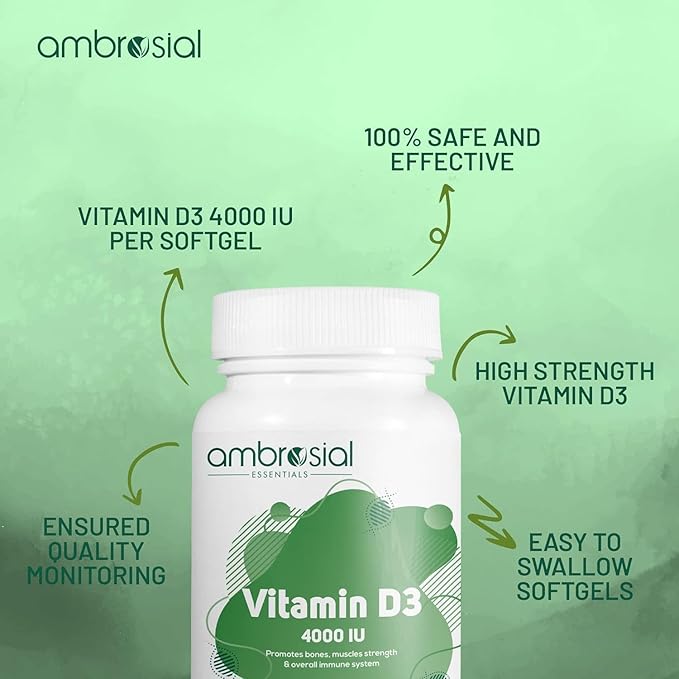 AMBROSIAL Vitamin D3 4000 IU | Healthy Bones and Teeth | Supports Immunity and Muscle Function | Gluten Free (Pack of 1-120 Softgels)