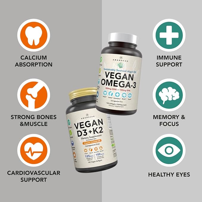 Vegan Powerhouse Combo. Omega-3 from Algal Oil &amp Vitamin D3 + K2. Plant-Based 5000 iu VIT D from Algae. 100 mcg All-Trans MK-7 Vita K. Carrageenan Free Veggie Softgels.