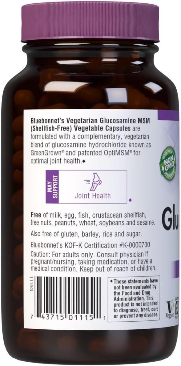 Bluebonnet Vegetarian Glucosamine with MSM Supplement - Shellfish-Free Joint Support Supplement for Women &amp Men - Vegetable Glucosamine HCI - Vegan Kosher Free of Soy Gluten &amp Dairy - 120 V