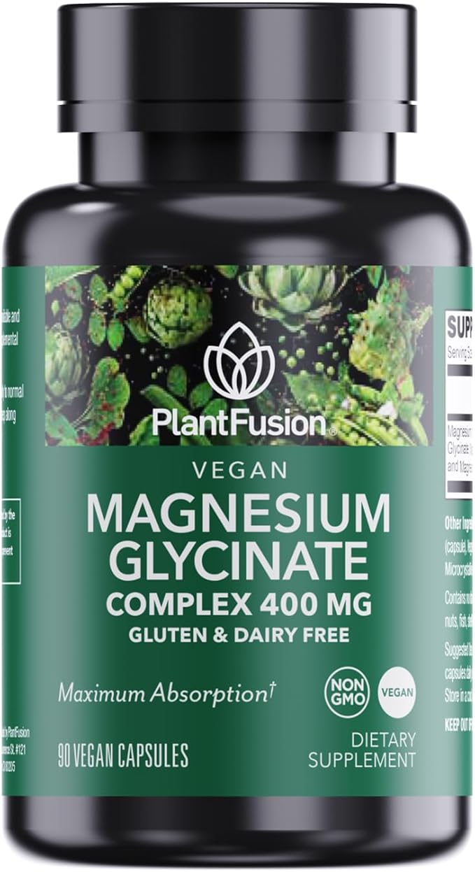PlantFusion Vegan Magnesium Glycinate Complex 400 mg - High Absorption &amp Bioavailability - Chelated - Supports Muscle Relaxation Sleep Cardio Health Stress Relief and Energy Production - Non G