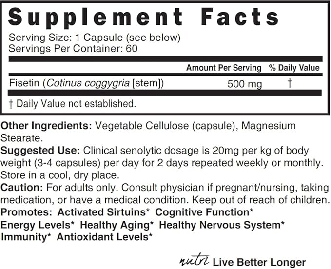 Nutri Fisetin 500mg 60 Count - Clinical Dosage - Fisetin Supplements - Powerful Senolytic Activator Antioxidant Heart &amp Brain Support - Natural Polyphenols - 60 Count - 3rd Party Tested for Puri