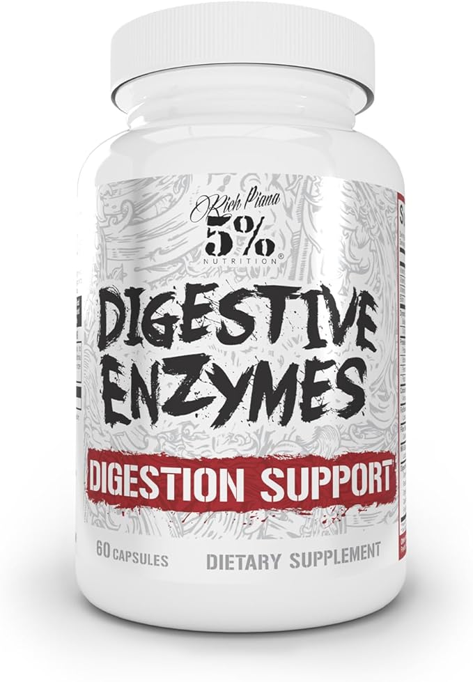 5% Nutrition Rich Piana Digestive Enzymes w/Vitamin B Complex | Enzymes for Protein Carb Fat Fiber &amp Lactose Breakdown | Betaine Bromelain Papain (Papaya) Lipase Lactase 60 Veg Caps (30 Sv
