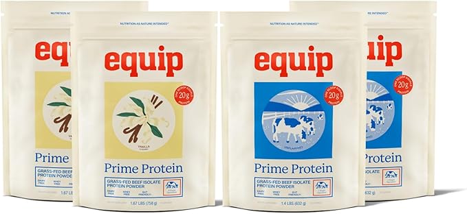 Equip Foods Chocolate Prime Protein Powder - Unflavored (x2) &amp Vanilla (x2) - Grass-Fed Isolate Beef Protein Powder - Paleo and Gluten Free - Helps Build and Repair Tissue