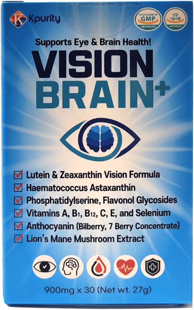 KPurity VisionBrain+ Eye &amp Brain Health Supplement with Lutein &amp Zeaxanthin - Enhances Memory Focus and Brain Performance - 30-Day Supply Softgels (1 Box VisionBrain+)