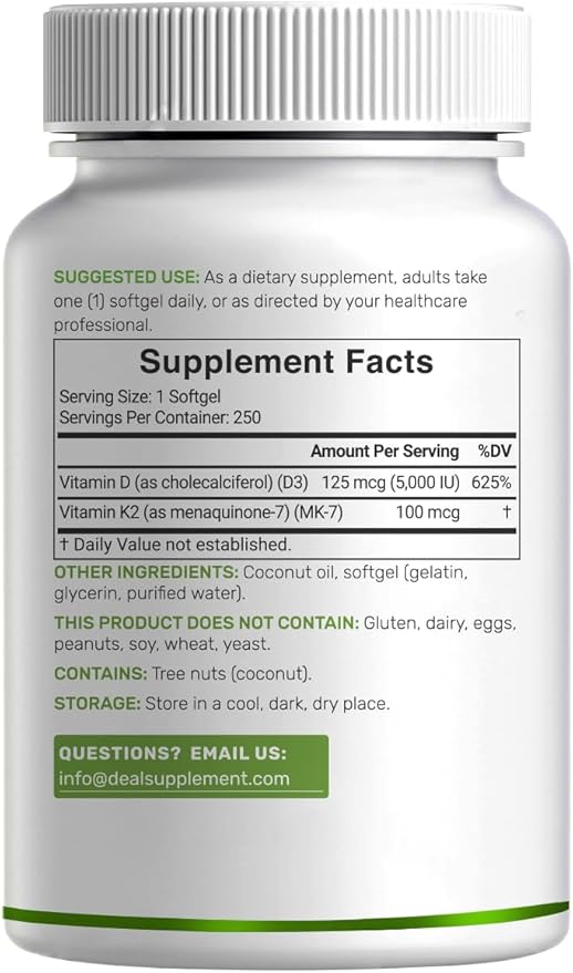 DEAL SUPPLEMENT Vitamin D3 5000 IU + K2 MK7 100mcg Softgels | 2-in-1 Complex with Virgin Coconut Oil | Supports Heart Bone Teeth &amp Immune Health | Easy to Swallow