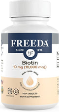 FREEDA Biotin 10000 mcg – Kosher Hair Skin &amp Nails Supplement – High-Potency B7 for Hair Growth &amp Strong Nails – Vegan Tablets with D-Biotin – 100 Tiny Tablet