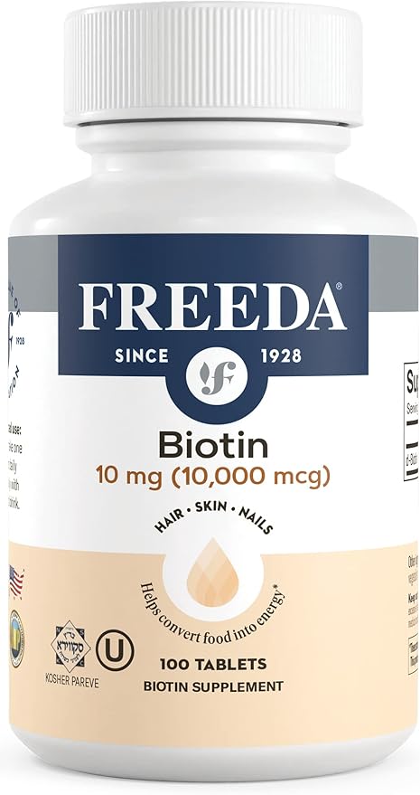 FREEDA Biotin 10000 mcg – Kosher Hair Skin &amp Nails Supplement – High-Potency B7 for Hair Growth &amp Strong Nails – Vegan Tablets with D-Biotin – 100 Tiny Tablet