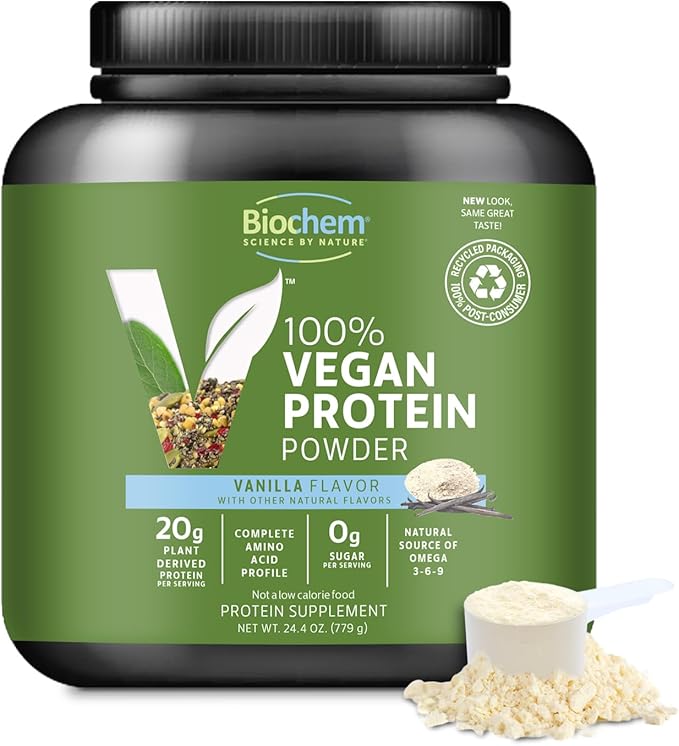 Biochem Vegan Protein Powder 20g Pure Plant-Based Protein per Serving Organic Pea Hemp &amp Cranberry Soy-Free Gluten-Free Vanilla 1.5 lb