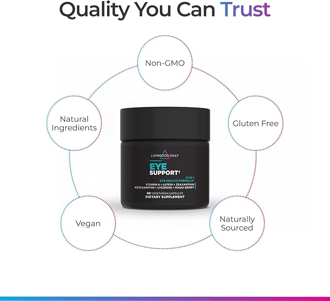Livingood Daily Eye Support 13-in-1 Vision Supplement with Lutein Zeaxanthin Astaxanthin Vitamin A Lycopene Maqui Berry &amp More Promotes Healthy Eyes Blue Light Protection Vegan 60 Capsul