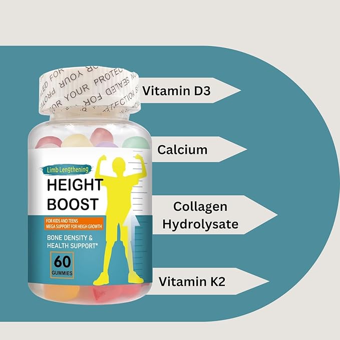 Height Boost Bone Growth Gummies for Kids &amp Teens – Natural Growth Support with Calcium Vitamin D3 K2 Collagen Hydrolysate &amp Herbal Blend – Bone Strength &amp Height Supplement – 60 Gummie